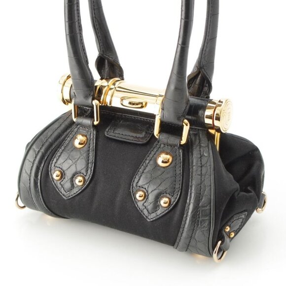 Celine Satin Leather Vintage Triomphe Clasp Croco Shape Press Mini Handbag Black - Picture 3 of 10